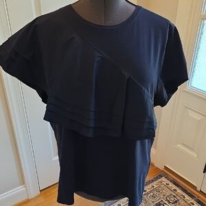 Chico's Navy Short Sleeve Ruffle Tee